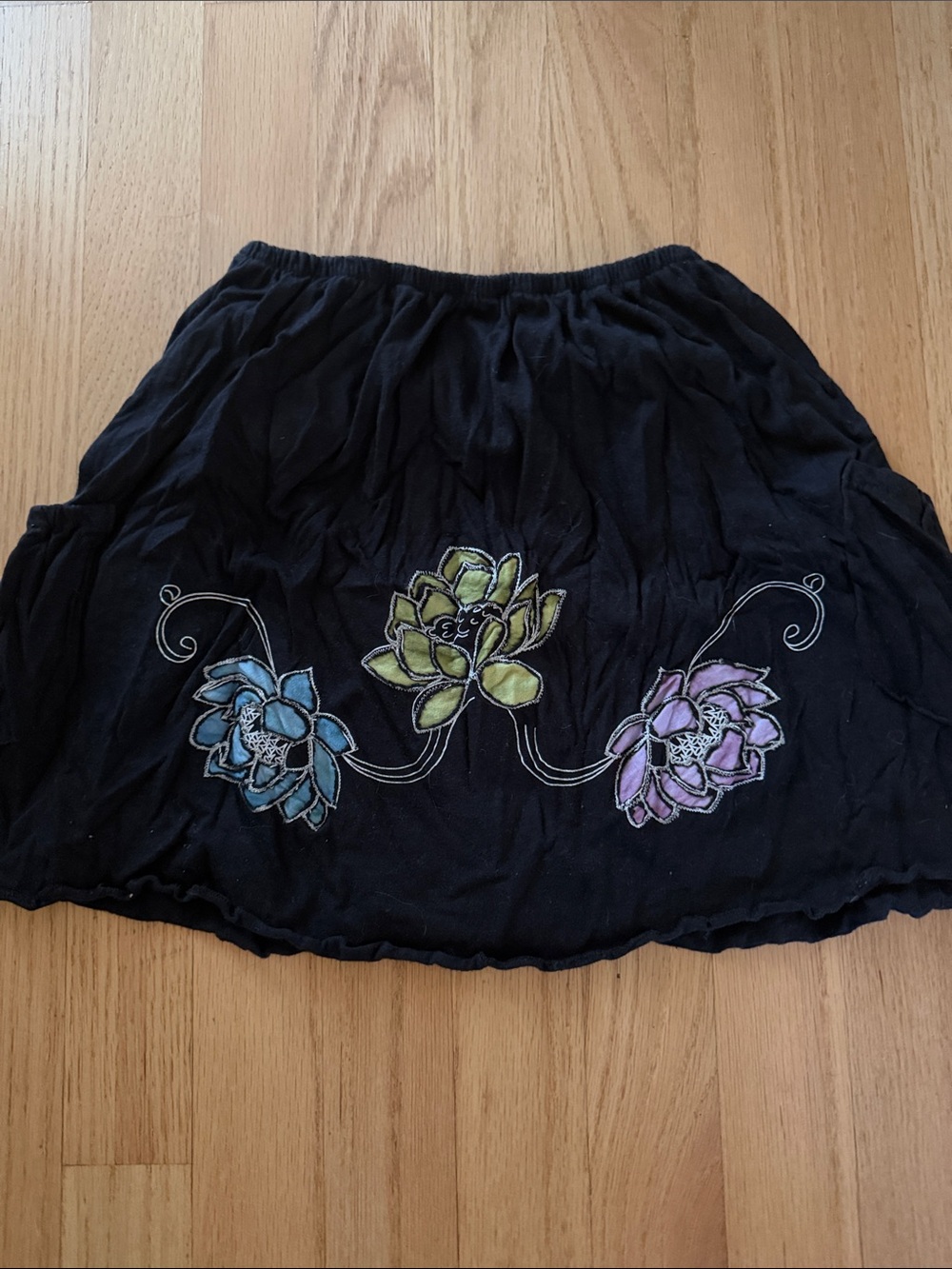 Jayli Black Mini Skirt with Blue, Green & Purple Floral Embroidery